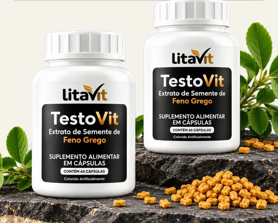 Dois frascos de TestoVit sobre pedra, com folhas e sementes de feno grego